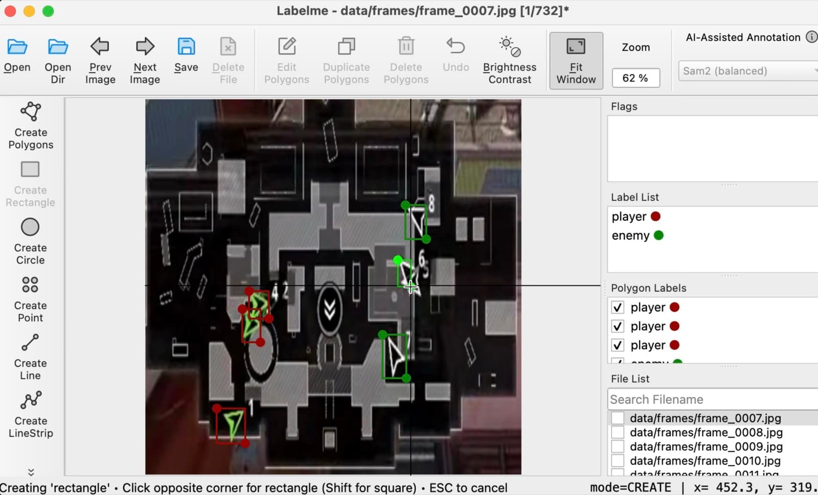 LabelMe annotation tool showing a minimap frame with hand-drawn player and enemy bounding boxes, frame 7 of 732